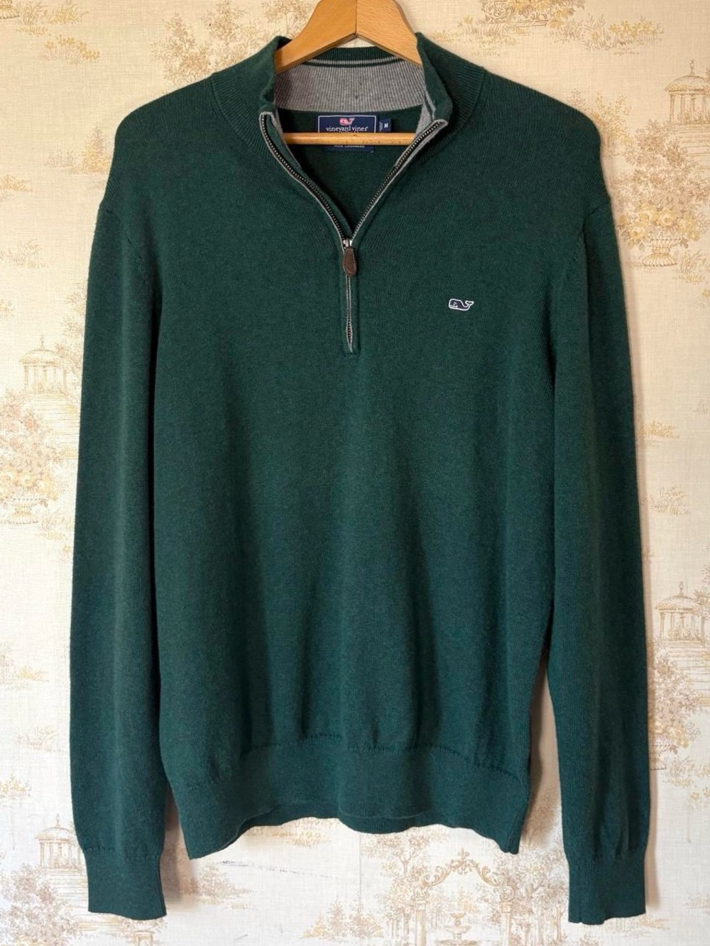 Vineyard Vines Forest Green Cotton Cashmere Quarter-Zip Sweater Preppy M